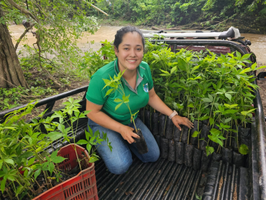 A woman in a green polo shirt crouches in the back of a van with seedlings around her