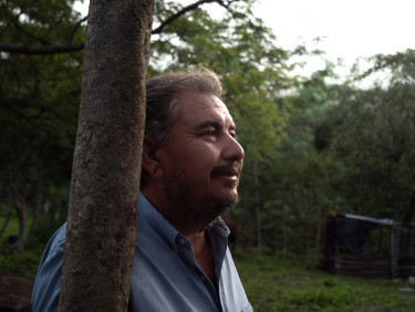 A man in a blue shirt leans against a tree in profile