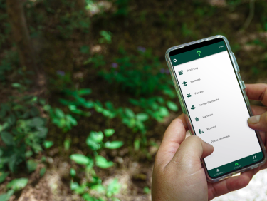Two hands holding a phone looking at an app with plants in the background