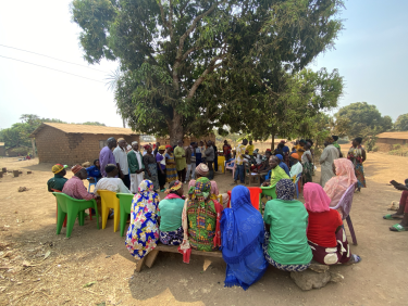 A group of people in colourful clothes are sitting in a circle around a tree