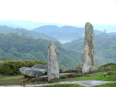 A group of standing stones with misty wooded hills in the background