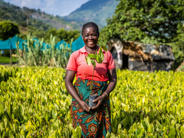 Nevi, a nursery worker, is smiling and holding a seedling in a field of other seedlings.