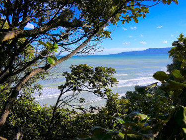 Trees in the foreground with a view of the beach and sea behind and mountains in the distance beyond