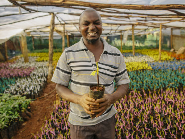 A smiling man in a stripy polo shirt is holding a seedling in a covered tree nursery