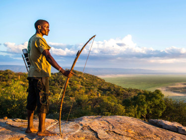 A man with a bow stands on a rocky outcrop looking over a wooded landscape