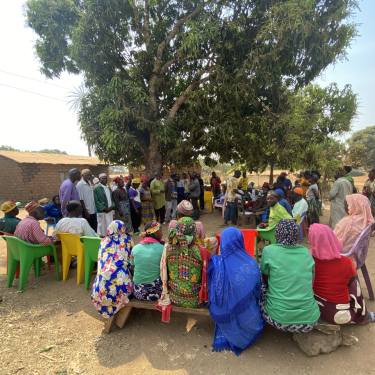 A group of people in colourful clothes are sitting in a circle around a tree