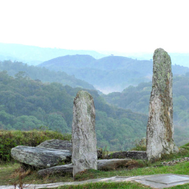 A group of standing stones with misty wooded hills in the background