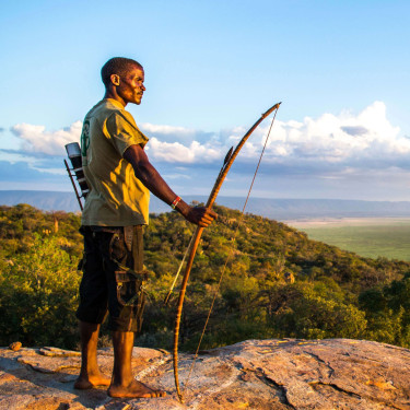 A man with a bow stands on a rocky outcrop looking over a wooded landscape