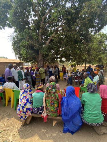 A group of people in colourful clothes are sitting in a circle around a tree
