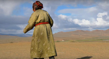 A woman in a green dress with her back to the camera in a desert landscape