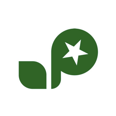 A green shape like a plant with two leaves, and a white star on one of the leaves