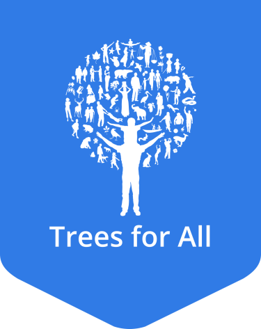 A blue banner with Trees for All in white text, and a person with a child on their shoulders and different species and people in a circle around them