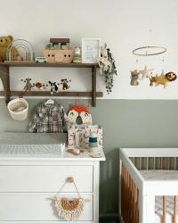 Thoughts please… I have been thinking this shelf might look better painted lighter (maybe the same colour as the wall?)? But can’t make my mind up 😂 not that I have the time to paint anyway 😅🫠
.
.
.
#nurserydecor #nurserydesign  #greennursery #genderneutralnursery  #babyroomideas #babyroominspo #babyboynursery #boysbedroom #firsttimemumuk #nurseryinspo #changingtable #cotmobile #diycotmobile #colourewithcrown #scandinursery #storyofmyhome #dailyhomeshare #safarinursery #animalnursery #feltdecor #feltanimals #realhome #ukhomedecor #interioraccount