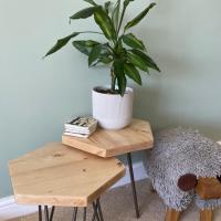 There’s nothing more rewarding than seeing furniture you’ve worked so hard on, becoming part of someone’s home!
DM for similar.
#thehairpinlegco 
#sidetable 
#hexagonaltable 
#reclaimedwood 
#welshhome 
#nestoftables