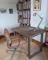Reunited after 30 or 40 years. The desk top and the Eames office chair were in my dad's office all those years ago. The chair has been my office chair for years but I recently bought some table legs from thehairpinlegco to make one of Dad's double-elephant drawing boards into a table. I'm very happy with it - thank you thehairpinlegco ! Sometimes keeping things for years, moving them from house to house to house, can be worth it!
.
The gorgeous lamp is by reworked (based in Cornwall) - made from various recycled things, including a vespa headlight.
.
And the beautiful painting is Dora Marr by janetsainsbury, who currently has a show on at newlynexchange until June. Pop along if you're in the area - it'll be a great show. Hope to make it down there soon.
.
.
#NewThingsFromOldThings #RetroThings #DoubleElephantBoard #DrawingBoard #JanetSainsbury #DoraMarr #VespaHeadlights #Sustainability #Upcycled #NewlynExchange #NewlynArtGallery #Recycling #Upcycling  #EamesChairs #EamesOffhceChairs #EamesFoundation eamesfoundation #CharlesAndRayEames #CharlesEames #RayEames #Repurposing
