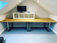 I have finally had enough manpower to get the oak worktops into the loft office and build the desks. Legs are from the thehairpinlegco  Finally I can move away from the dining table 😂 #desk #table #oak #office #tablelegs #carpettiles #monitor #homeoffice #loft