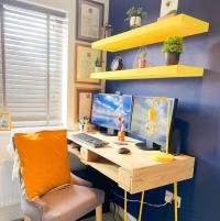 Office Transformation.
⠀
Over the last week on my stories I have shown you our office DIY project.
⠀
This is was what we did / used to transform the office (SWIPE TO SEE BEFORE PICTURE)
⠀
1. Emptied the entire office to create space
⠀
2.Sold the bulky old desk
⠀
3. Custom designed and built our own desk out of pallets
⠀
4. Painted the back wall blue
⠀
5. Primed and painted the shelves and desk lamp yellow.
⠀
6. Once everything was dry we put the shelves on the wall
⠀
7. Finally we moved the desk & computer back into the office & placed ornaments onto the shelf.
⠀
Shelf colour: Lemon Jelly by makeitrustoleum rustoleum from bandq_uk 
Beeswax and Varnish: bandq_uk 
Wall colour: Sapphie Salute duluxuk 
Table legs: thehairpinlegco ⠀. .
If YOU have ANY DIY projects you need advice on. Tap my bio as I’m offering a FREE consultation to help you out with your projects.
⠀
Comment below your thoughts on this office transformation.
.
.
.
.
.
.
.
.
.
.
.
.
.
.
.
.
.
.
.
#officedecoration #homeoffic