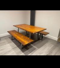 -Delivery to Boroughbridge- 

Bespoke urban style dining room table and benches made to customers specification 

Stunning trapezium legs supplied by thehairpinlegco 

Bespoke table enquires; 
sales@furniturebyhds.com
07583 489580