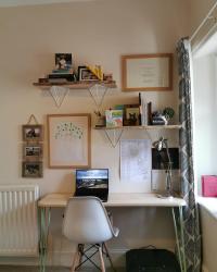 Ash desk and sycamore shelves made for Sarah's home office using thehairpinlegco for support. Love the finished look. #hairpinlegs #naturaledge #shelves #office #homeoffice #desks #woodwork