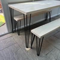 I made a table and some benches. Recycled scaffolding boards from thescaffshop and the hairpin legs from thehairpinlegco looking good. Next part is to stain it to perfection. #scaffoldfurniture #hairpinlegs #madeinsheffield #handmadeinsheffield #recycledfurniture #recycledscaffoldboards #scaffoldboardfurniture #scaffoldboards