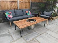 Garden coffee table knocked up from the old Iroko decking boards. Made to fit the Ranger solostove.uk , so perfect for s’mores nights. Mounted on thehairpinlegco raw steel legs, finished with some outdoor suitable spray paint.