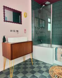 VANITY UNIT

Upcycling a vintage piece of furniture is a great way to inject character into your bathroom and get a unique item. There’s a few things to think about if you’re planning to do this…

💛 Width and depth - you need room for the countertop basin plus your soap and toothbrushes. If you want standing taps rather than wall-mounted ones you’ll need it to be deeper, so get all the measurements before you buy from eBay or Marketplace!
💛 Height - this depends on the height of you and your family! The cabinet I bought came with old rusty hairpin legs that weren’t quite tall enough for my liking, so I bought new ones from thehairpinlegco and took the opportunity to add a pop of yellow!
💛 Water is a given in a bathroom so your wooden unit needs to be able to cope with this. I applied two coats of yacht varnish inside and out. If it’s good enough for boats it should be good enough for my bathroom!
💛 Pipework - you’ll need holes drilled in the top and back for all the pipework, and there’ll need to be space for the u-bend. This was easy in mine as I chose a cabinet with sliding doors and no shelves or drawers (swipe to see)

#bathroom #bathroomdesign #bathroomdecor #bathroomrenovation #bathroomgoals #bathroominspo #bathroomvanity #paintedceiling #tiles #floortiles #walltiles #midcenturymodern #dopaminedecor #ihavethisthingwithcolour #colourismyjam #upcycledfurniture #diyhacks #furnitureflip #upcycle