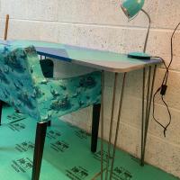 Bit of upcycling for my make shift desk to put my machine on. The wood was an off--cut from an old worktop. I have rounded the corners with my jigsaw and use masking tape to create the shapes and then rustoleum spray cans to finish. The legs I ordered from thehairpinlegco My little workroom is slowly coming together. It’s so nice to finally have my own space and earn money from what I love doing #newbusiness #seamstress #diy #onedayatatime #upcycling