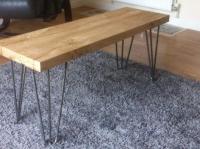 Oak bench seat for the hallway with hairpin legs from the hairpin leg company.