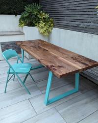 English elm from MACTimber, a few coats of Osmo by me, Hairpin legs spray painted by a local repair shop, 12 months of waiting by Lucy.... Job done.