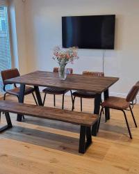 170cm x 100cm dining table finished in Terra our darkest colour.
We haven’t used these legs before but very impressed with them  they come with a frame to give extra rigidity and with no cross members it means you can easily seat people at the end of the table too.