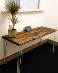 Just need a chair now. Desk top is a jacobean dark oak finish and is mounted on pastel green hairpin legs thanks to thehairpinlegco