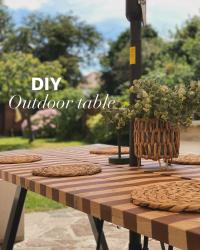 DIY outdoor table with thehairpinlegco 

Ad/Gifted 

I’m beyond proud of myself for creating this outdoor table!

I used the 180cm outdoor quad frame from thehairpinlegco (gifted) and topped it with five scaffold boards. It was surprisingly easy to put together! The base is incredibly sturdy, which was essential since we needed a large table to match our long outdoor seating area. I’ve always wanted to try wood stain stripes, and I’m thrilled with how they turned out.

Here’s how I did it:

Step 1: Build the Frame

First, I assembled the outdoor quad frame. The instructions were straightforward, and the frame came together quickly. Once the frame was complete, I double-checked everything to ensure it was level and stable.

Step 2: Prepare and Attach the Boards

I used five scaffold boards for the table top. Before attaching them, I laid them out on the frame to make sure they fit perfectly and to decide on the best arrangement of the wood grain. Once I was satisfied, I secured the boards to the frame with screws, making sure each board was tightly fastened.

Step 3: Sand the Surface

With the boards securely attached, I sanded the entire surface of the table. I started with a coarse grit sandpaper to remove any rough spots and followed up with a finer grit to achieve a smooth finish. This step is crucial for ensuring a nice, even surface, especially when you’re planning to stain the wood. *side note* if doing this again I’d of probably sanded the boards before attaching, but we live and learn! 

Step 4: Stain the Wood 

After sanding, I wiped down the table to remove any dust. Then, I applied the wood stain. I’ve always wanted to try a striped pattern, so I carefully taped off sections of the wood to create clean lines. I used different shades of stain for the stripes, applying each one evenly and allowing it to dry between coats. I finished off with a uv resistant clear varnish.

Let me know what you think in the comments!
.
.
.
#gardentable #diningtable #diningtab