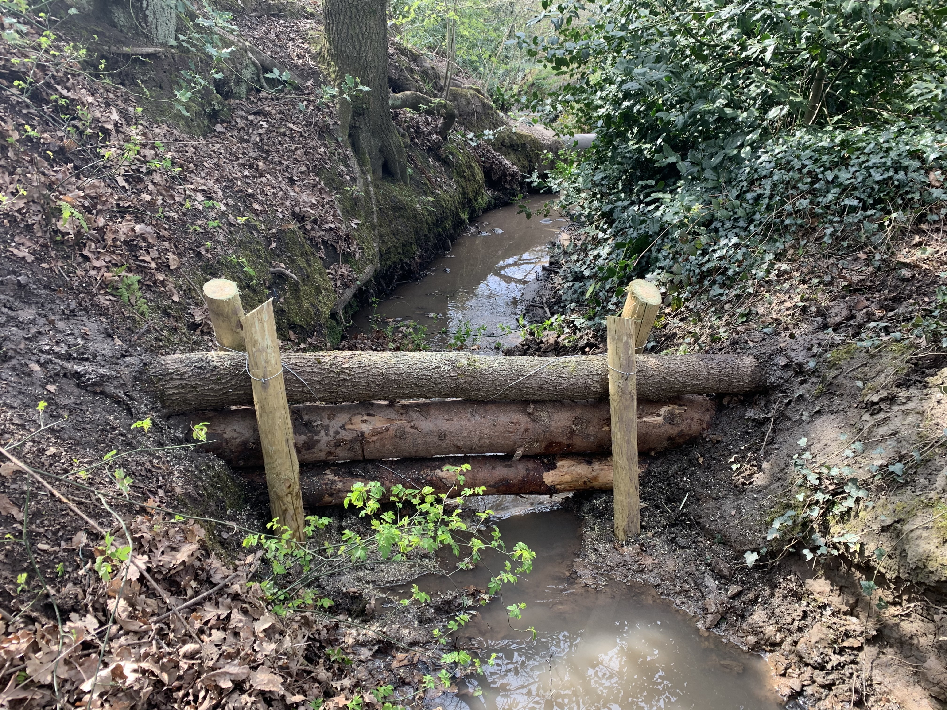 logs placed across a stream to create a leaky dam - credit Mersey Rivers Trust