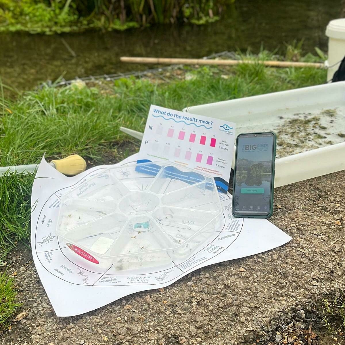 a phone displaying the big river watch app, as well as a water testing kit and an invertebrate sampling tray are positioned next to a river