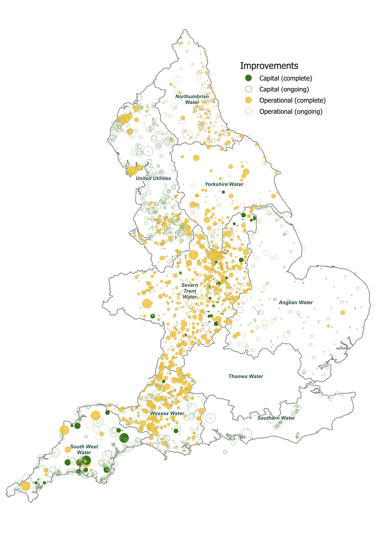 a map of england with yellow green and white dots at CSO locations