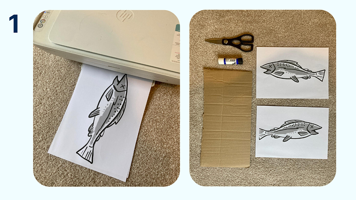 Two images show a fish graphic being printed on A4 paper