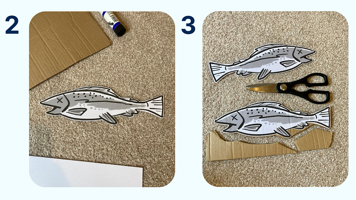 Two images show two fish graphics cut out from a piece of paper, and one being stuck to a piece of cardboard