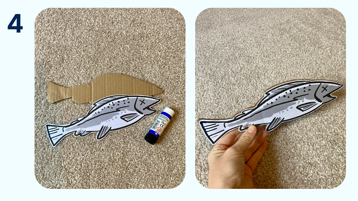 Two images show a fish graphic being stuck to both sides of a piece of cardboard, which has been cut to the same shape as the fish