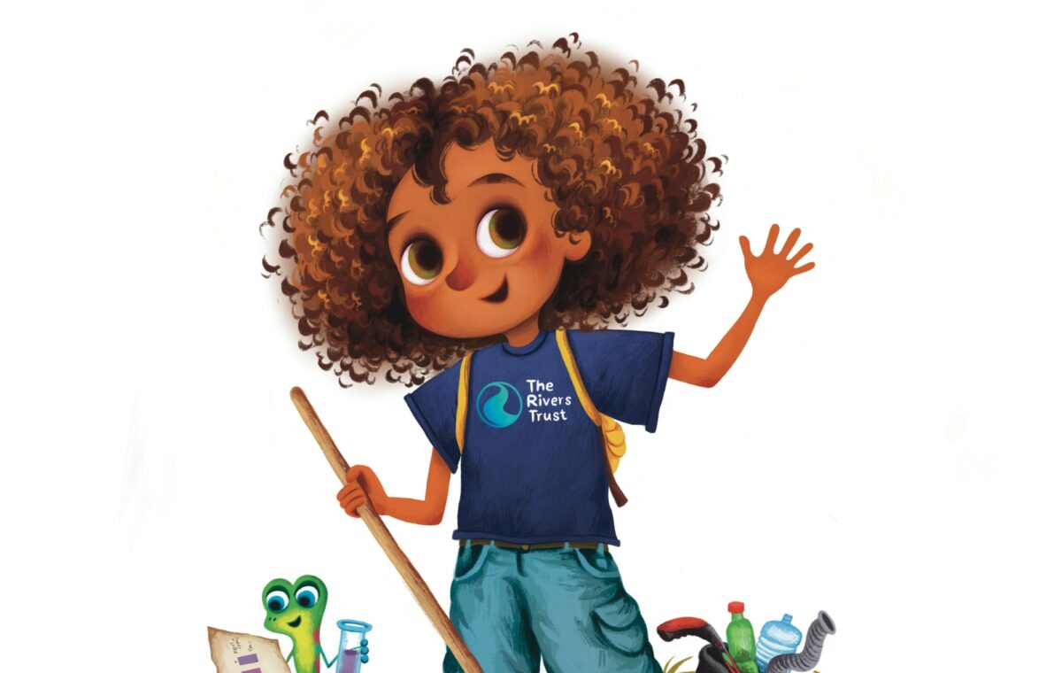 A smiling cartoon girl in a rivers trust teeshirt with curly brown hair waves at the camera