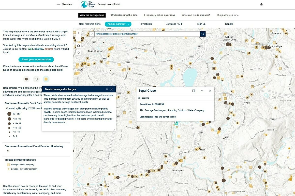 Screenshot of the sewage map, zoomed in to show treated and untreated sewage discharge locations