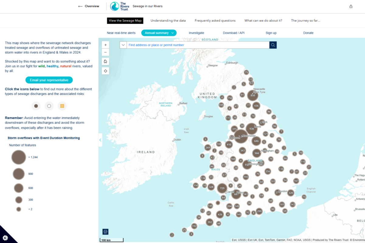 Screenshot of the sewage map, zoomed out showing brown dots over a map of the UK