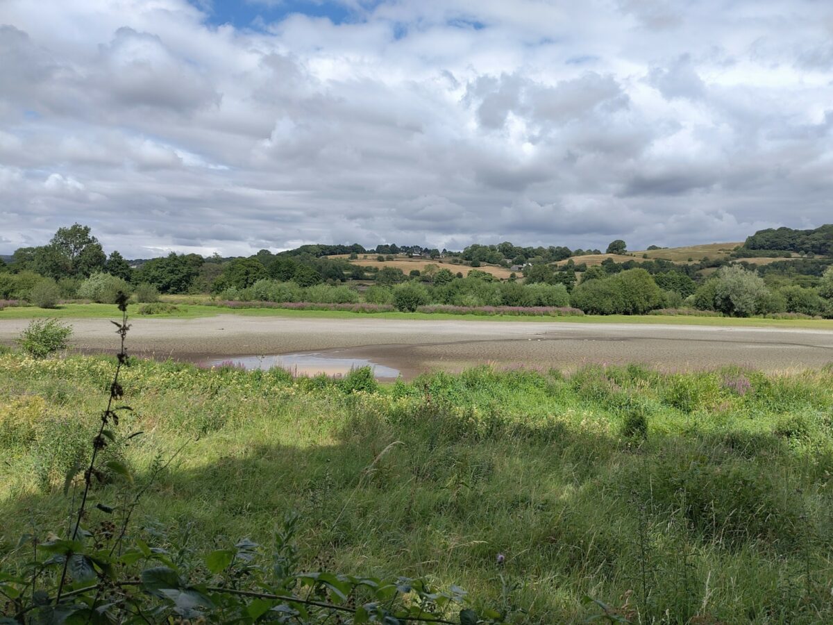 A wide section of river is shown, almost completely dry exposing the riverbed