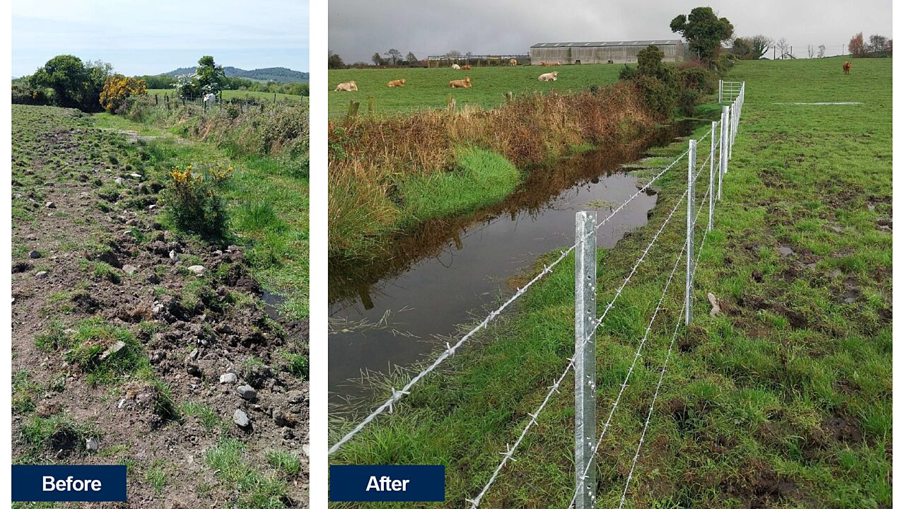 Before and after image of landscape with fencing a river
