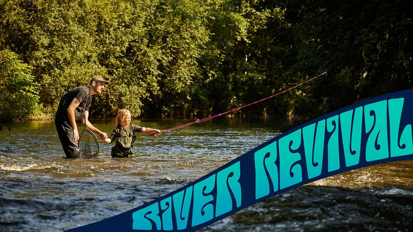 river revival text on image of child fishing