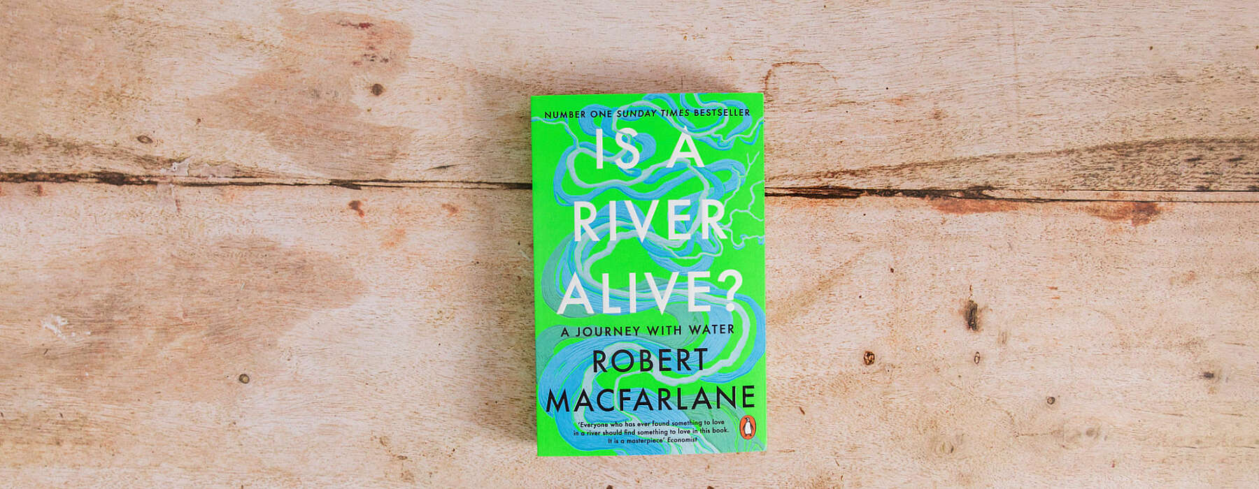 a bright blue and green paperback book cover, with 'is a river alive?' written in white