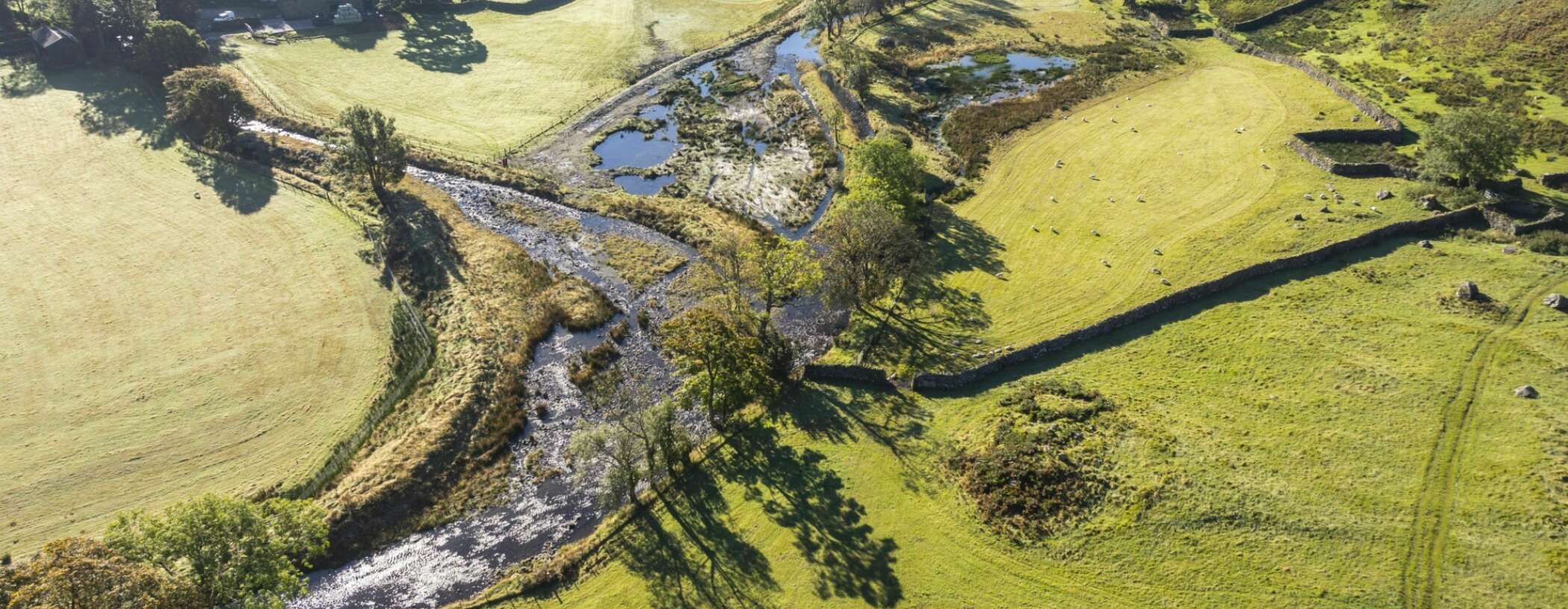 Aerial view of river management and flood plain reconnection at Brotherswater, Cumbria c Paul Harris