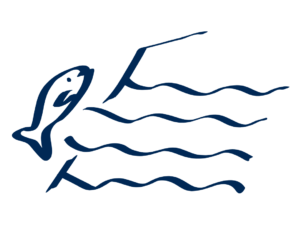 Dark blue icon showing fish jumping in river