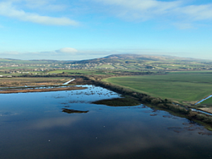 Ariel view of river in ireland with green fields