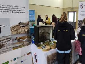 People stood looking at event stand with birds on a poster