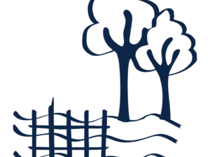 Dark blue icon of trees next to river